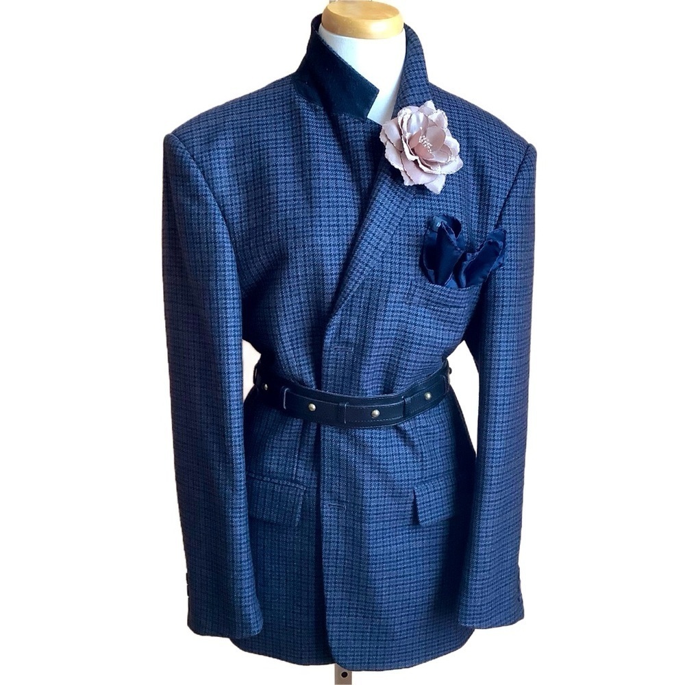 VINTAGE Blue Wool Houndstooth Blazer Oversized Men's 42 XL